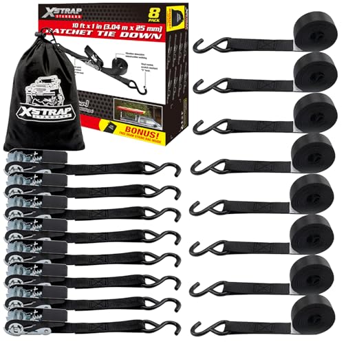 XSTRAP STANDARD Ratchet Straps, 900 LB Break Strength, 8-Pack 10FT Ratchet Tie Down Straps Set for Motorcycle Straps Tie D...