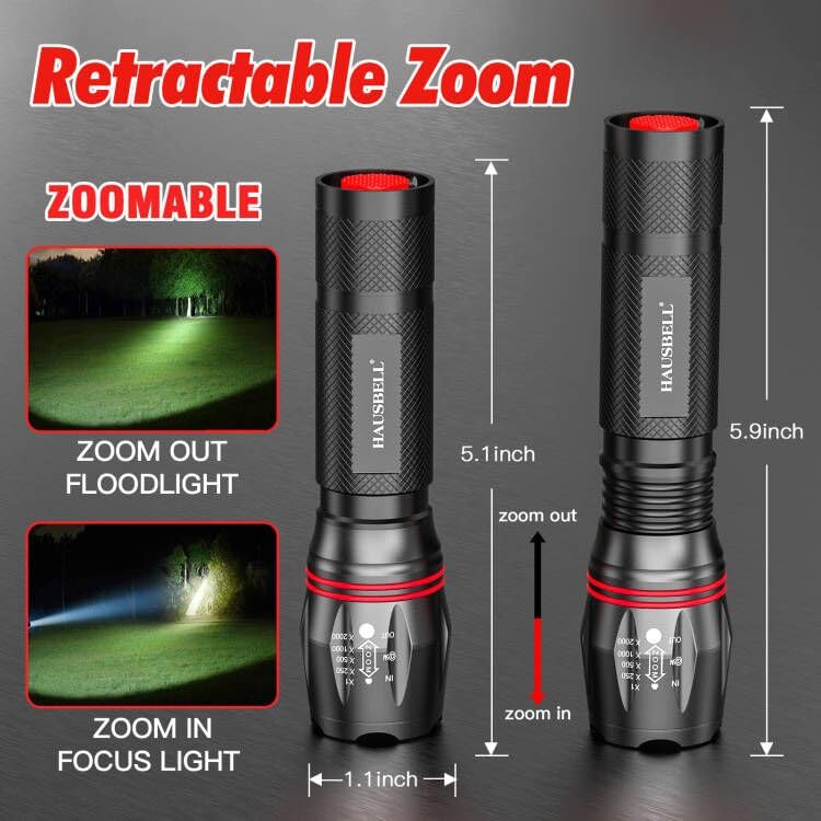 HAUSBELL T8 LED Flashlight, Zoomable, 5 Modes, Aluminum, 4 Pack