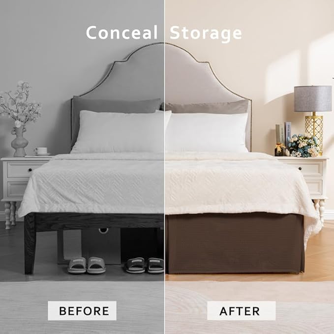 MIYE Pleated Waffle Weave Bed Skirt, Tailored Dust Ruffle 12 Inch Drop Easy Fit, Machine Washable (Brown, Queen - 12" Drop)