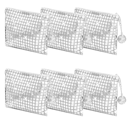 JDRGJTH 6 Pack Disco Cosmetics Bag, Makeup Bag, Portable Silver Sequins Glitter Mirror Foil Zipper Handbag with Disco Acce...