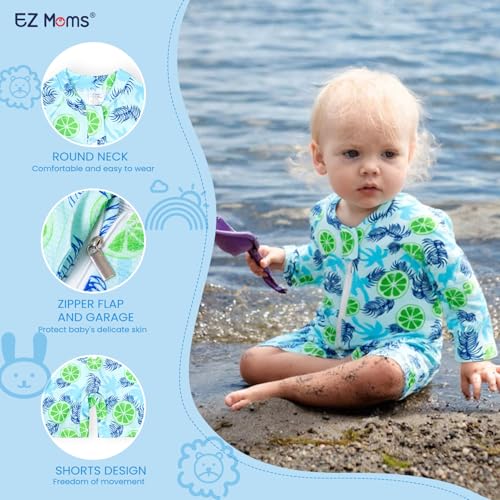 EZ Moms Baby Boy Swimsuit UPF 50+ Long-Sleeve One Piece Zipper Toddler Bathing Suit Baby Beach Wear Sunsuit with a Swim Cap
