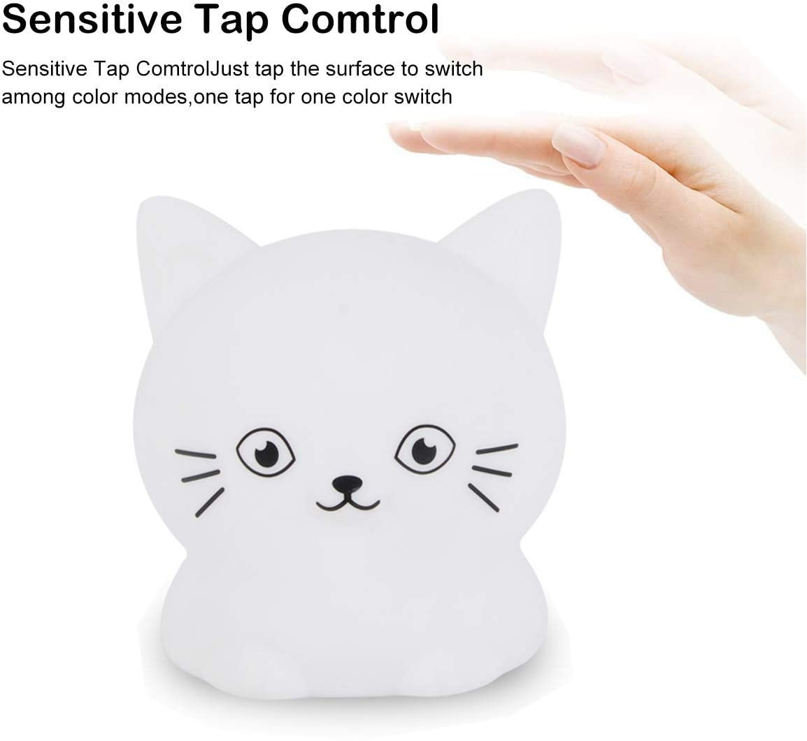 Tianhaixing Cat Night Light - Rechargeable LED Bedside Lamp, 9 Colors, Silicone, Model THX856, White