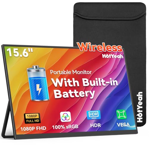 Wireless Portable Monitor Battery-Powered, Support AirPlay Miracast, 15.6" 1080P IPS Monitor USB-C HDMI External Display, ...