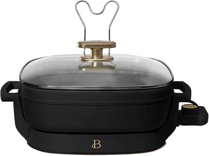Beautiful 5-in-1 Electric Skillet 7QT, Cast Aluminum Extender, Nonstick, 1500W, Dishwasher-Safe Lid, Slow Cook, Steam. (Black Sesame)