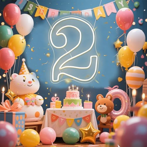 RumonZS Number 2 Light Up LED Neon Sign Backdrop 15.7" Birthday Party Decor Warm White Number One Light Up Sign USB Powere...