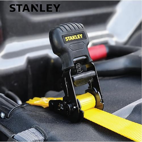 STANLEY S1000 Black/Yellow 1" x 10' Ratchet Tie Down Straps - 500 lb Safe Working Load / 1,500 lbs Break Strength, 8 Pack