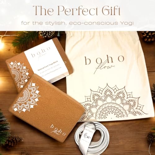 Boho Flow Cork Yoga Block 2 Pack with Strap & Bag | Premium Eco-Friendly Cork Bricks 9”x6”x3” | Heavy-Duty, Non-Slip & Dur...