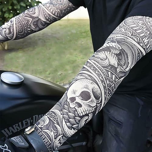 2 x Tattoo arm sleeves fake nylon elastic stocking full arm skulls halloween stretchy adult gotihic slip on biker goth got...