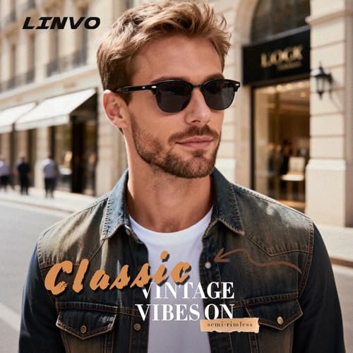LINVO Polarized Semi Rimless Sunglasses for Men Women, Classic Retro Shades Half Frame Driving Sun Glasses UV Protection