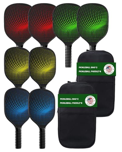 8-Pack Pickleball Paddles Set - Wooden Rackets with Fiberglass Surface & Polypropylene Honeycomb Core, Includes 2 Portable...