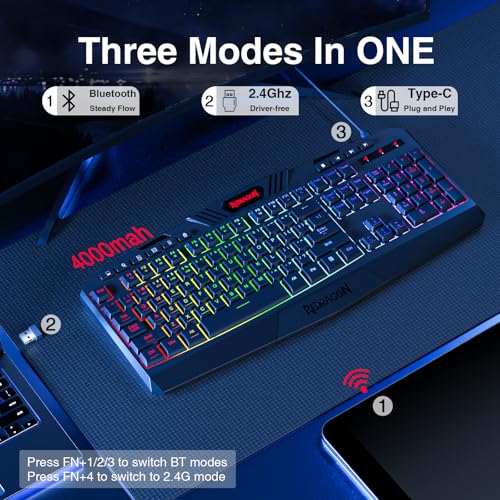Redragon K503 Wireless Gaming Keyboard, 3-Mode (2.4G/BT/USB), RGB LED Backlit, Multimedia Keys, Fully Programmable Silent ...