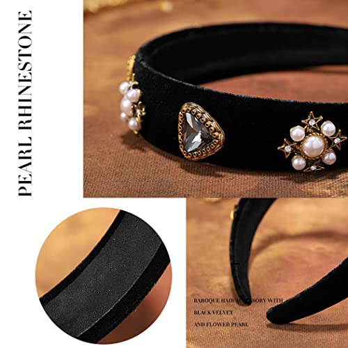 Coridy Black Baroque Headbands Pearl Rhinestones Wide Headband Velvet Jeweled Hair accessories for Women (Elegant)