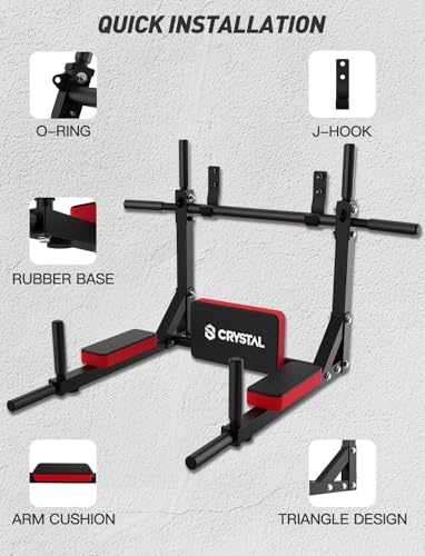 CRYSTAL FIT Multifunctional Wall Mounted Pull Up Bar, Chin Up Bar and Dip Station, Heavy Duty Steel Supports to 440 Lbs, H...