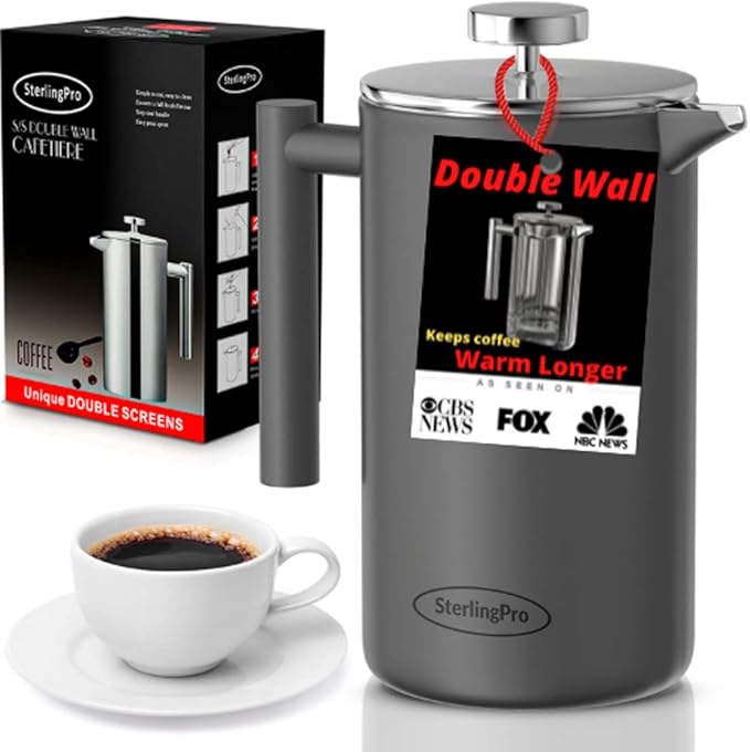 Extra Large French Press Coffee Maker 59 oz (1.75L), Large Capacity Stainless Steel Big French Press XL, Thermal Insulated Black Coffee Maker with Double Walled Insulation, Gray