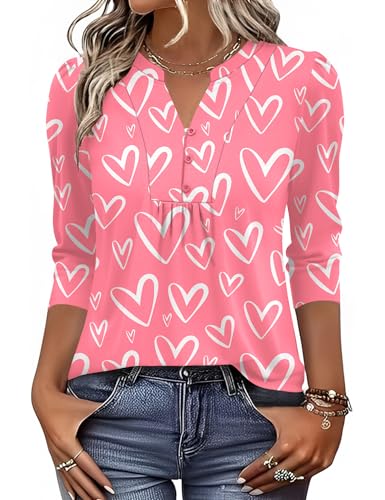 IECCP 3/4 Length Sleeve Womens Tops Dressy Casual Henley V-Neck Summer Tops Pleated T-Shirts Loose Fit Work Blouses
