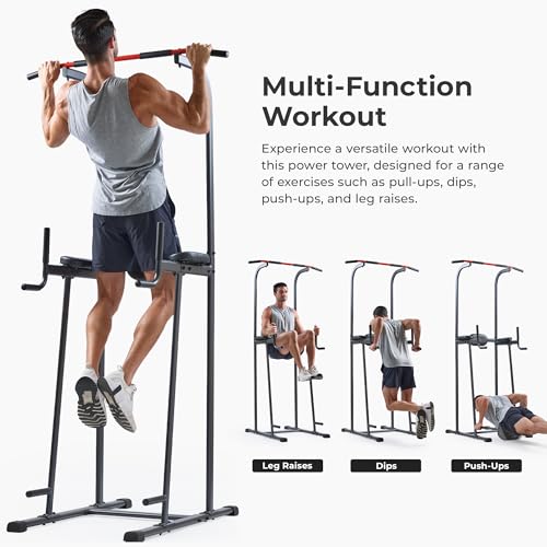 Sunny Health & Fitness Power Tower, Dip Bar, Push-Up & Pull Up Assisting Parallette Station w Optional Rock Climbing Grip ...