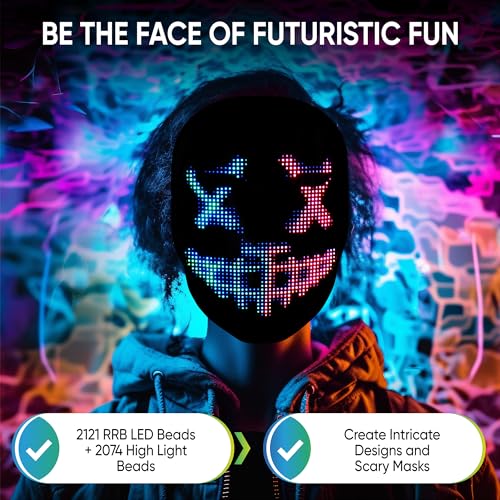 Pixel Stackers Face Transforming LED App Controlled Light Up Cosplay Mask with 115+ Animated Faces Customizable LED Patterns