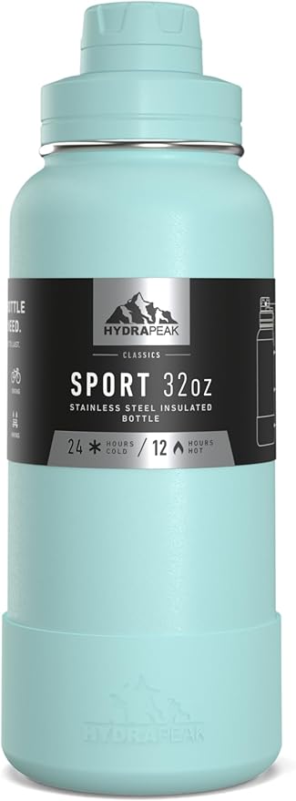 Hydrapeak 32oz Sport Insulated Water Bottle with Chug Lid, Premium Stainless Steel Water Bottles, Leak & Spill Proof, Keeps Drinks Cold for 24 Hours, Hot for 12 Hours (32oz, Aqua)