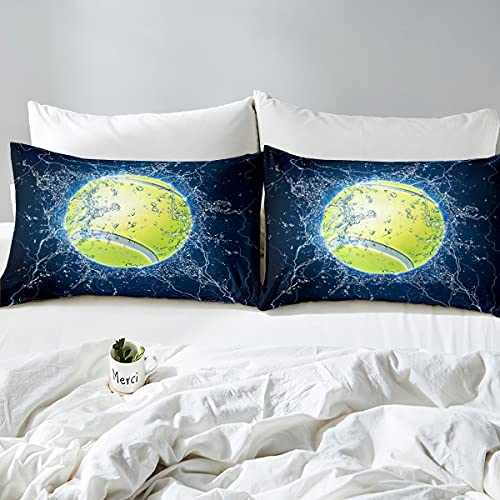 Feelyou Sports Decor Tennis Bed Sheets 3D Water Tennis Ball Sheet Set for Kids Boys Sports Themed Bed Set Blue Fluorescent...