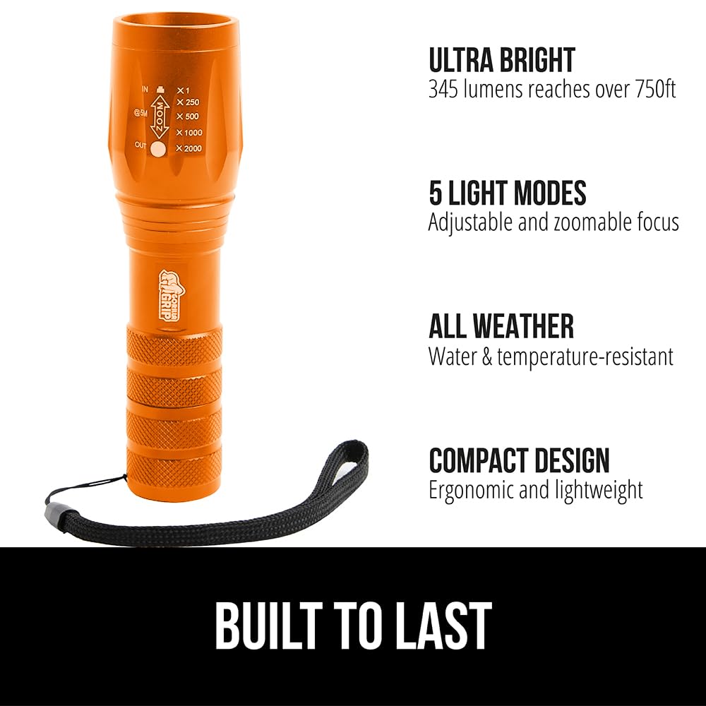 Gorilla Grip LED Tactical Flashlight - High Lumens, 5 Modes, Water Resistant, 750 FT Zoom, Orange, Model 840029684832