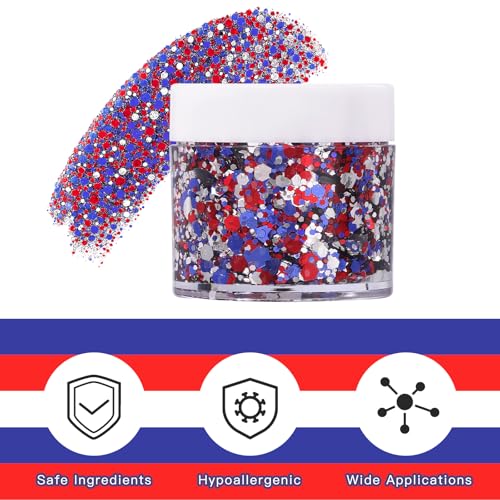 Red White Blue USA Flag Face Body Glitter, Pride Glitter Gel for Hair Nail Art, Holographic Chunky Sequins for Independenc...