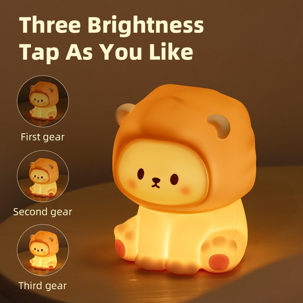 Kinyilo Cute Lion Night Light For Kids  Rechargeable Nursery Lamp With Timer  3 Brightness Levels & Warm Light  Soft Silicone Baby Night Light  Tap Control  Gift For Toddlers