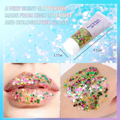 DAGEDA Mardi Gras Body Glitter Gel, Green Gold Purple Face Hair Glitter Carnival Accessories, Chunky Glitters for Mardi Gr...