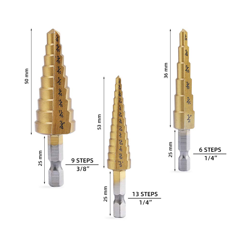Aleric Step Drill Bit Set - Titanium Coated, High Speed Steel Drill Cone Bits for Aluminum, Wood and Plastic Hole Drilling Cutting, Multi Size Hole Stepped Up Unibit for DIY Lovers,3pcs