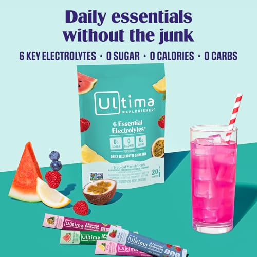 Ultima Replenisher Daily Electrolyte Powder – Tropical Variety Pack, 20 Stickpacks – Zero Sugar Hydration Packets with 6 E...