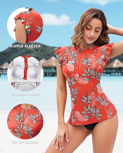 WOWENY Womens Padded Rash Guard Short Sleeve Swim Shirts 1/4 Zip UPF 50 Sun Protection Swimsuit Tankini Bathing Suit Top