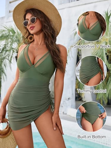 Blooming Jelly Women One Piece Swim Dress Tummy Control Swimsuits Slimming Mesh Sheer Sarong Wraps Bathing Suit