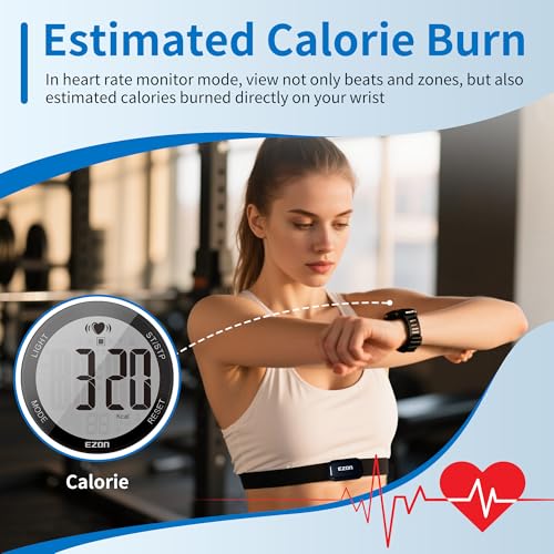 EZON Heart Rate Monitor Chest Strap and Digital Watch T037,5ATM Waterproof Fitness Tracker with HRM,Calories Burned,Stopwa...