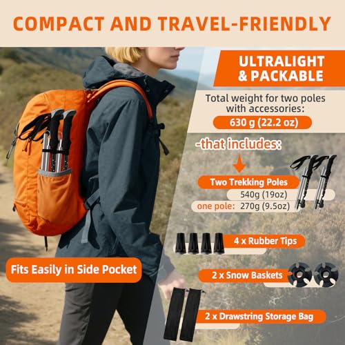 Collapsible Trekking Poles for Hiking - Lightweight Foldable Hiking Poles, 2 Pack Adjustable Aluminum Walking Sticks with ...
