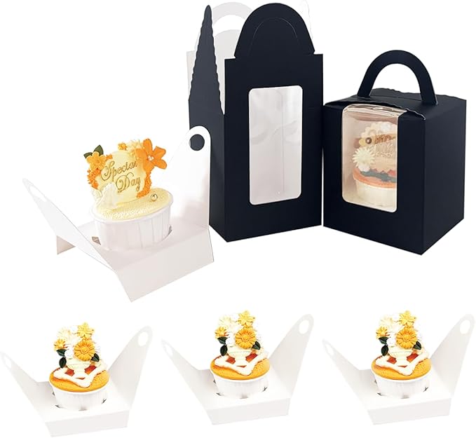 Bakepacker Auto-pop up Individual Cupcake Boxes with Window 60 Count Black Single Cupcakes Box 3.7 x 3.7 x 4.3inch Cupcake Carrier
