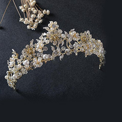 FXmimior Vintage Gold Flower Bead Bridal Wedding Crown Headband Women Crystal Tiara Headpiece Wedding Hair Accessories
