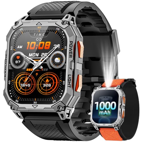 Military Smart Watches for Men, 2.01" HD Smartwatch with 1000 mAh Battery/2 Straps/Answer/Make Call/Led Flashlight/Heart R...