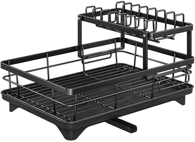 Large Dish Drying Rack - Extendable Dish Rack,Multifunctional Dish Rack for Kitchen Counter,Drying Rack Anti-Rust Dish Drainers with Cutlery & Cup Holders (Black)