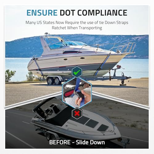 PAULINN Boat Trailer Tie-Downs Straps 1 Inch x 4 FT, 2400 LBS Heavy Duty Adjustable Transom Tie Down Straps Ratchet w/Quic...