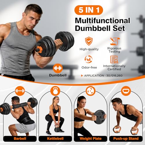 33/44/66/88lbs Adjustable Dumbbell Set with Connector, 5 in 1 Weight Dumbbell Set Used as Barbell, Kettlebells, Push up St...