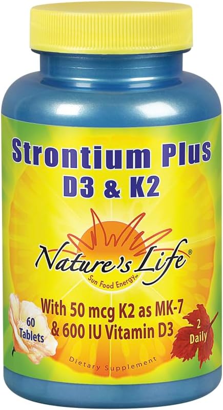 Nature's Life Strontium Plus Vitamins D3 & K2 | Bioavailable Formula May Help Support Healthy Bone Density & Joint Health | 60 Tablets