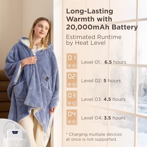 Bedsure Cordless Wearable Heated Blanket - Fluffy Electric Blanket Hoodie with 20000mAh Battery Pack, Portable USB Heated ...