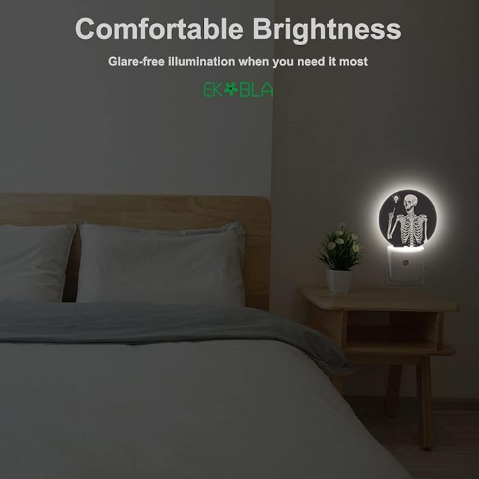 EKOBLA Funny Skull Night Light Human Skeleton Posing Rock Music Pose Black White Night Lights Plug into Wall Auto on/Off Led Lamp for Boys Girls Men Women Halloween Holiday Gifts