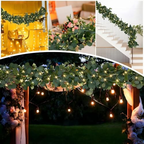Eucalyptus Garland with Lights, 2 Packs 6FT Green Flower Garland Decor, Artificial Faux Eucalyptus Leaves Greenery Vines f...
