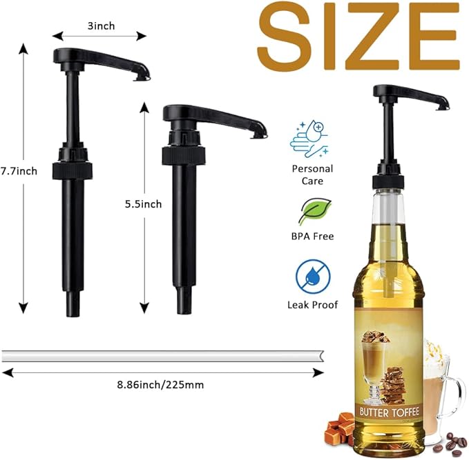 8 pcs Black Syrup Pumps with Cap to Avoid Dripping, Leak Proof Coffee Syrup Dispenser, Fits 25.4 Oz Coffee Flavoring Syrup Bottles, Great for Home & Coffee Bar Drinking Mixes, Cocktails, Beverage