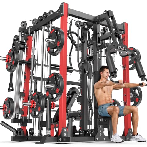 Smith Machine with Cable Crossover System, Multi-Function Squat Rack Power Cage for Home Gym, Power Rack and Packages Weig...