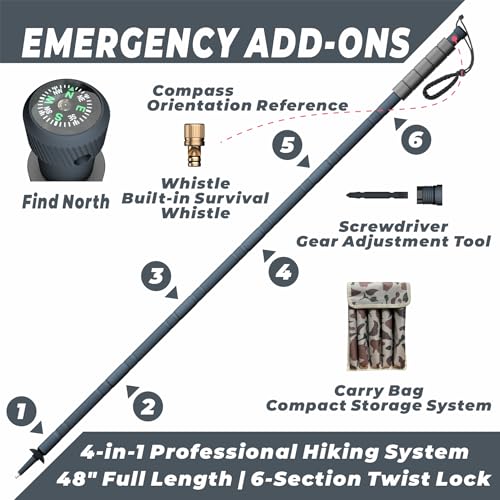 GoldPig 48" Modular Aluminum Tactical Hiking Stick – 6-Piece Walking Stick with Compass, Screwdriver & Whistle, Tungsten T...