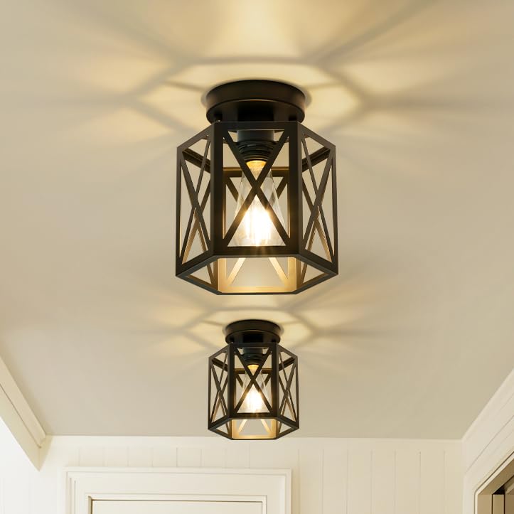Oteedo 2 Pack Modern Semi Flush Mount Ceiling Light Hexagon Flush Mount Ceiling Lights For Dining Room Light Fixture Farmhouse Black Metal Kitchen Island Lighting Fixtures For Hallway Bathroom