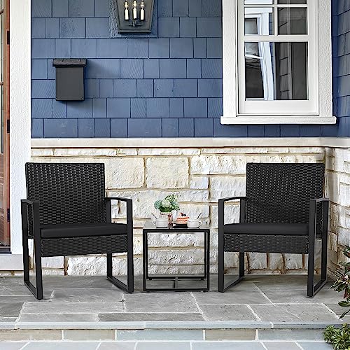 Flamaker 3 Pieces Outdoor Patio Wicker Furniture Set, Modern Rattan Chair Conversation Sets with Coffee Table for Yard and...
