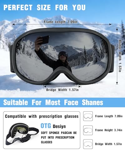 FMY Snowboard/Ski Goggles for Adult,Over Glasses Anti Fog UV Protection Skiing Goggles for Men Women Youth