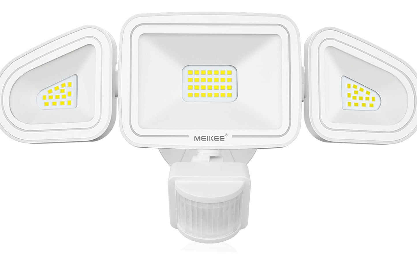 Meikee 42W Led Motion Sensor Flood Light, 3600Lm, 6500K, Ip65 Waterproof, White, 3 Adjustable Heads For Garage, Yard, Garden